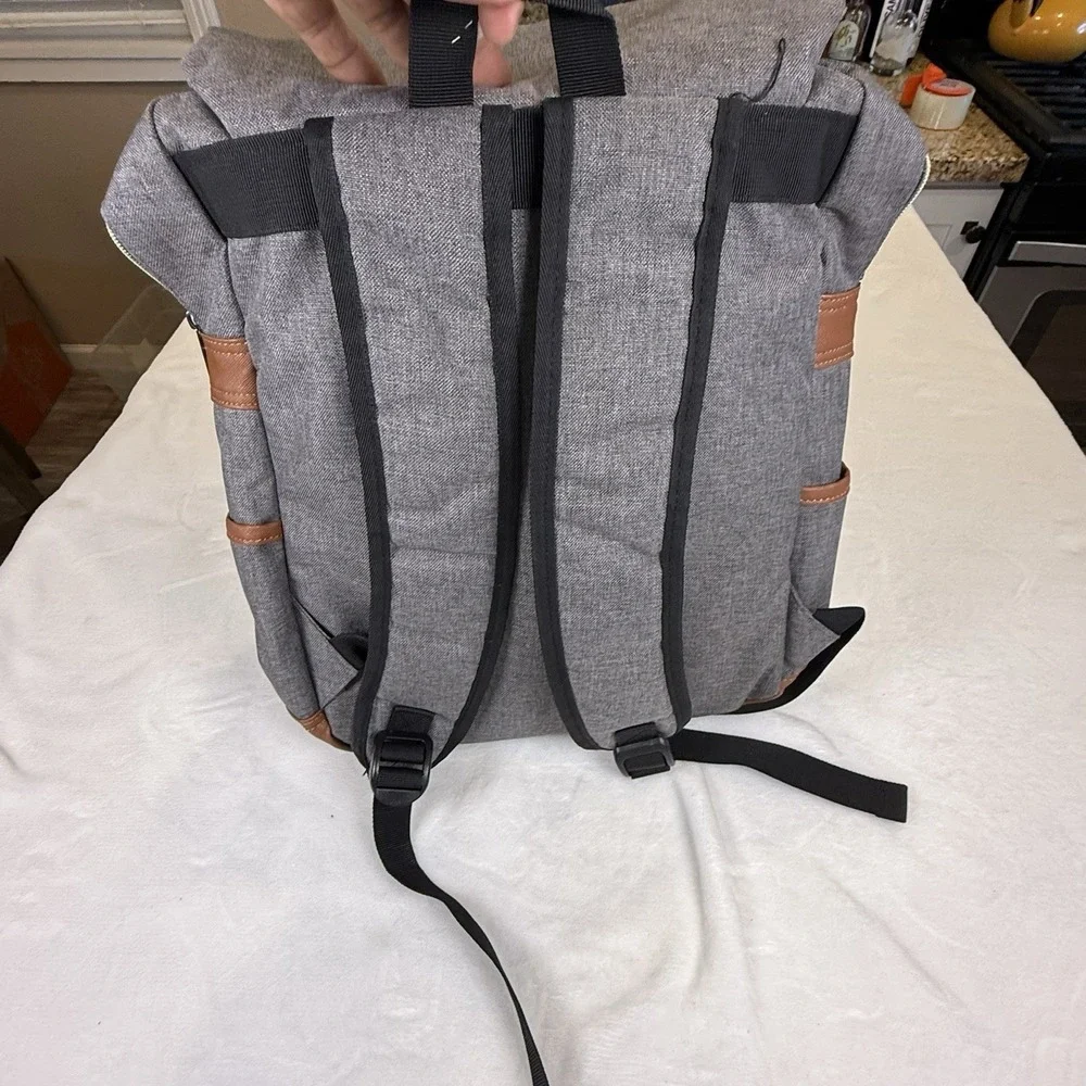 Gray Canvas Laptop Backpack Travel School Book Bag Faux Leather Trim‎